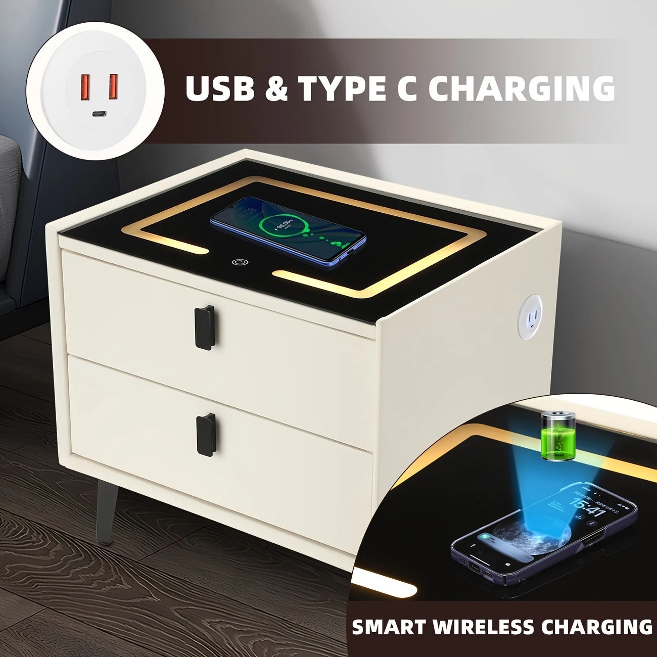 Smart Nightstand with Charging Station & LED Lights, Modern Side Table with Glass Top & 2 Drawers