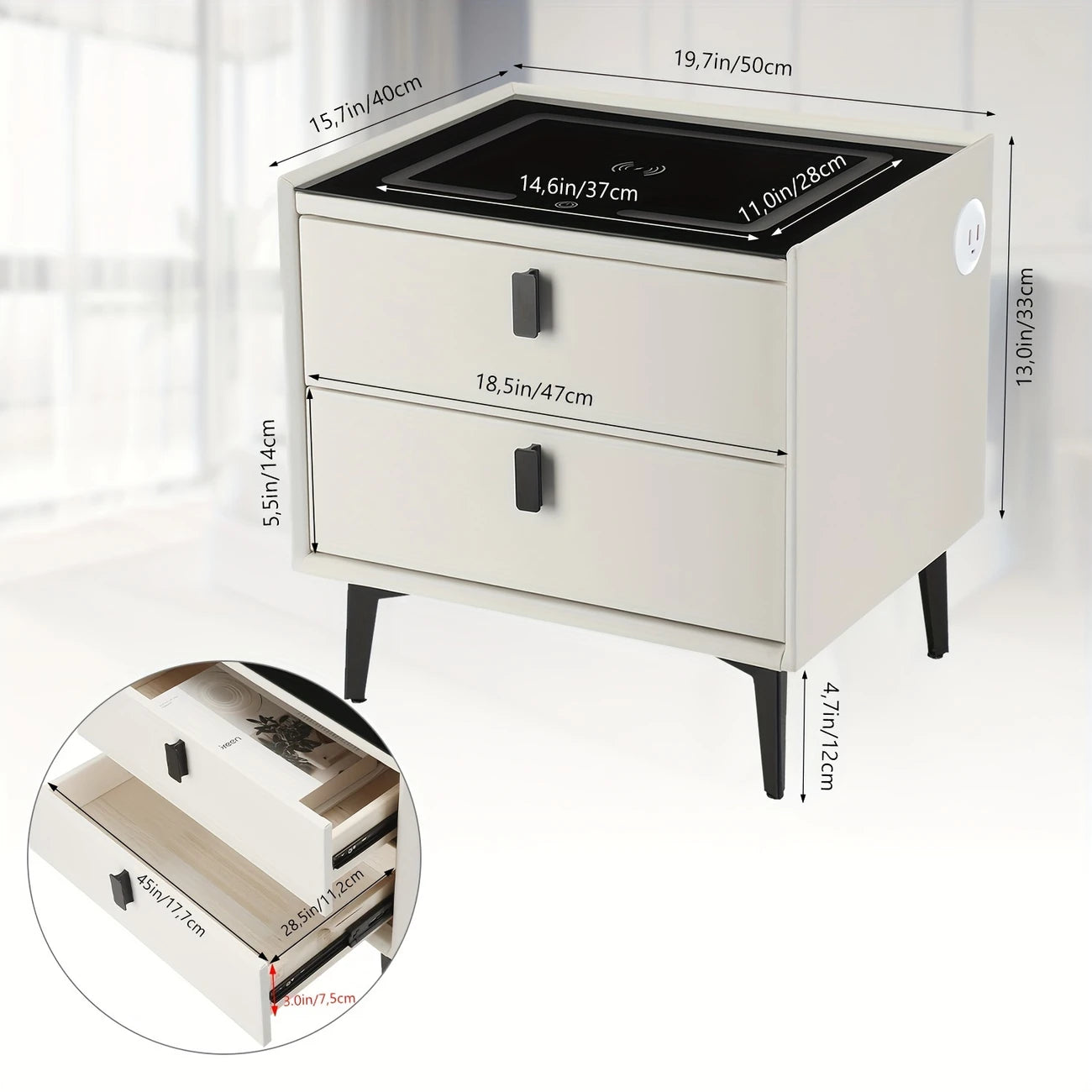 Smart Nightstand with Charging Station & LED Lights, Modern Side Table with Glass Top & 2 Drawers