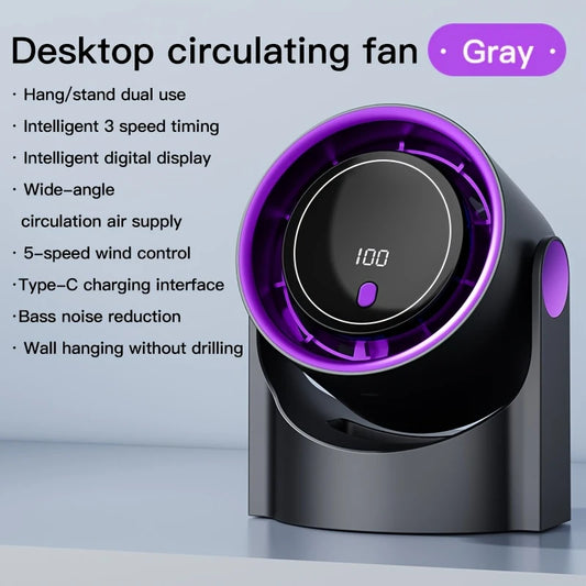 USB Rechargeable Desk Fan with Digital Display, Multi-Speed, Timer & Hanging Hook