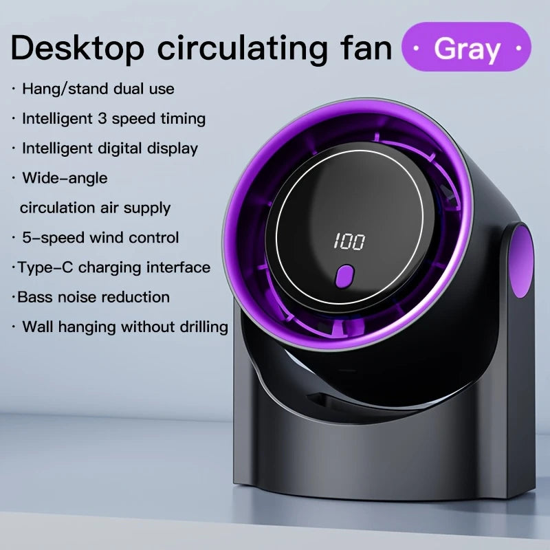 USB Rechargeable Desk Fan with Digital Display, Multi-Speed, Timer & Hanging Hook
