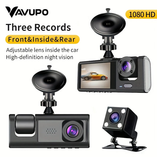 Vavupo 1080P Triple Dash Cam - Front, Inside & Rear View, IR Night Vision