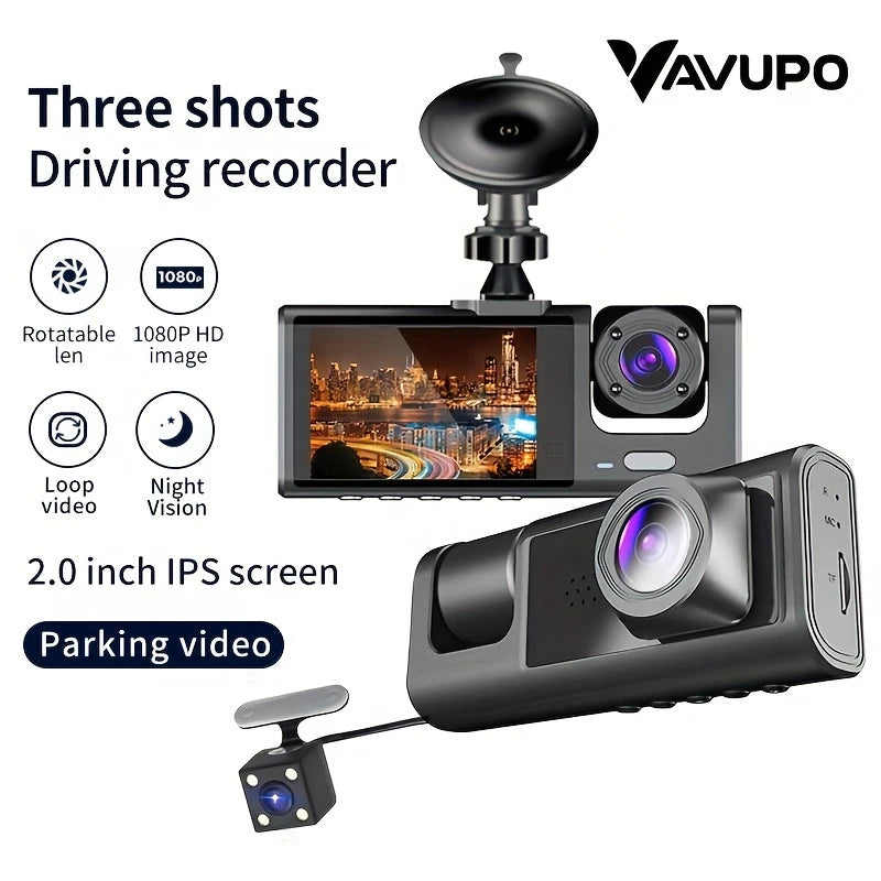 Vavupo 1080P Triple Dash Cam - Front, Inside & Rear View, IR Night Vision