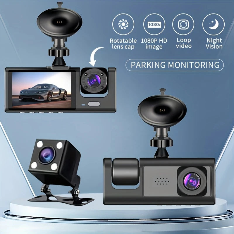 Vavupo 1080P Triple Dash Cam - Front, Inside & Rear View, IR Night Vision