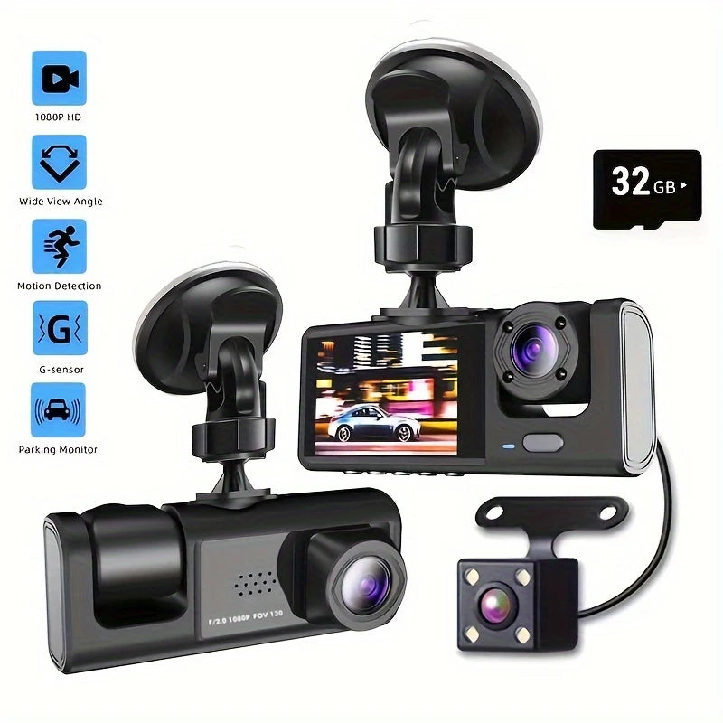 Vavupo 1080P Triple Dash Cam - Front, Inside & Rear View, IR Night Vision