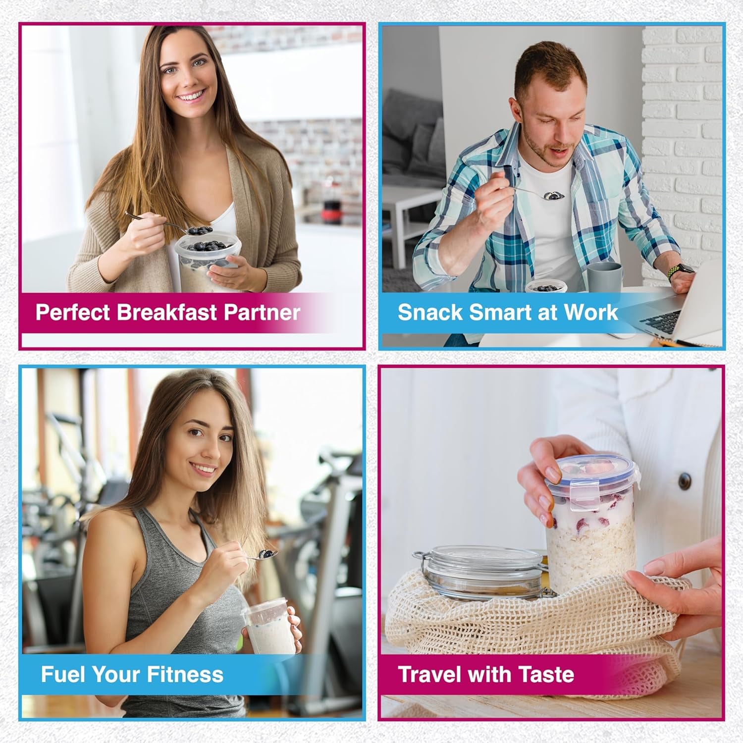 Overnight Oats Container with Lids (4-Piece Set) - 16 Oz Plastic Containers - Oatmeal Container to Go | Portable Cereal and Milk Container| Snap Lock Storage Jars with Airtight Lids