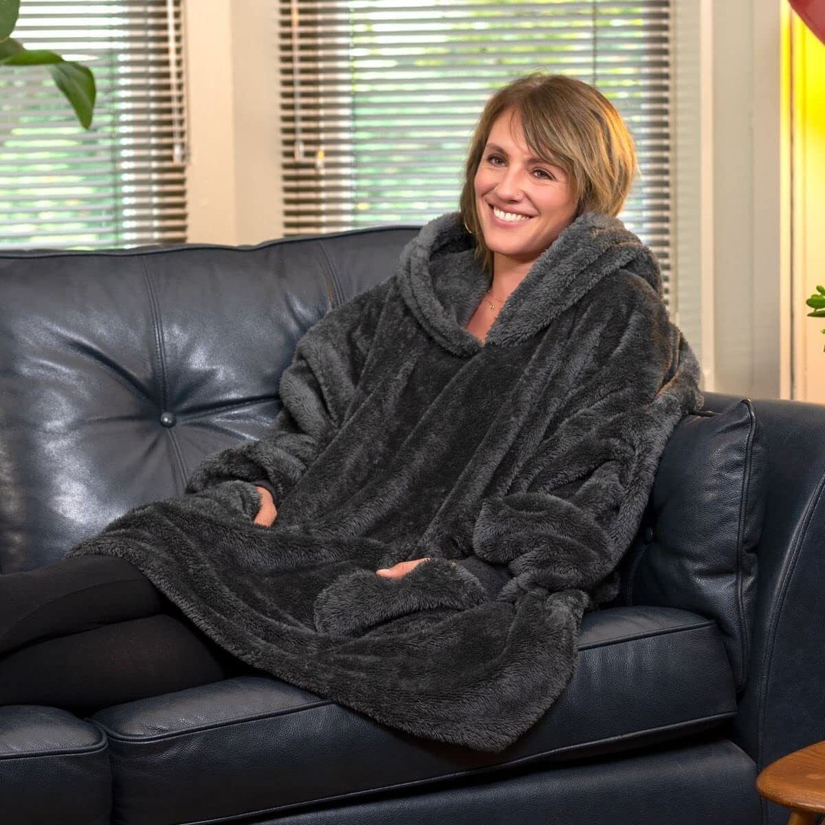 Snugrug Oversized Long Hooded Adult Sherpa Big Fleece Blanket Hoodie Sweatshirt