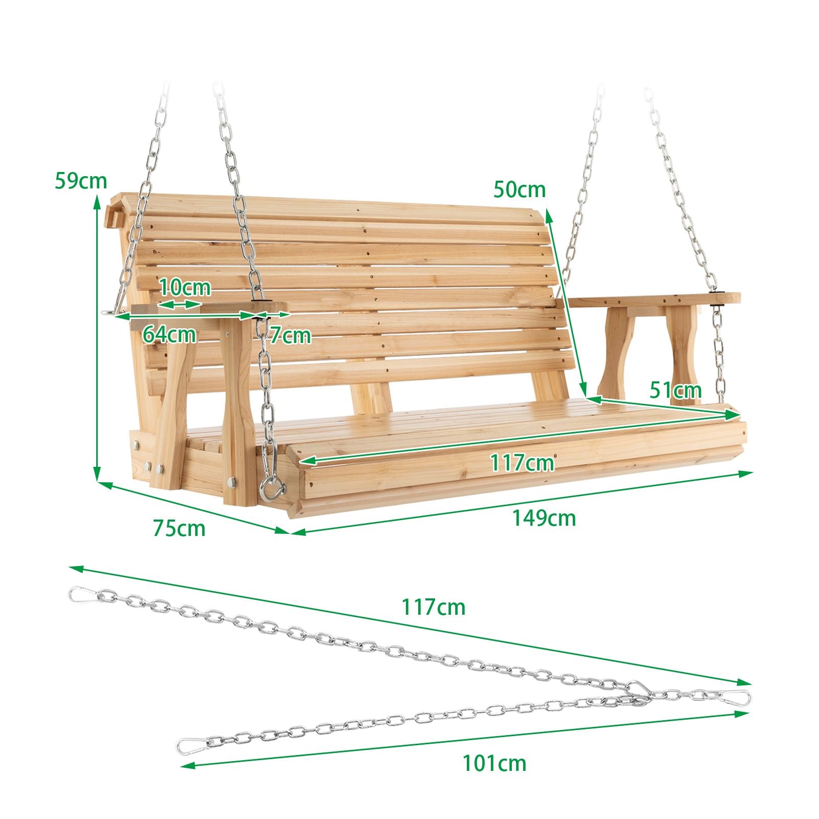 149Cm Wooden Porch Swing with Cup Holders Outdoor Hanging Bench