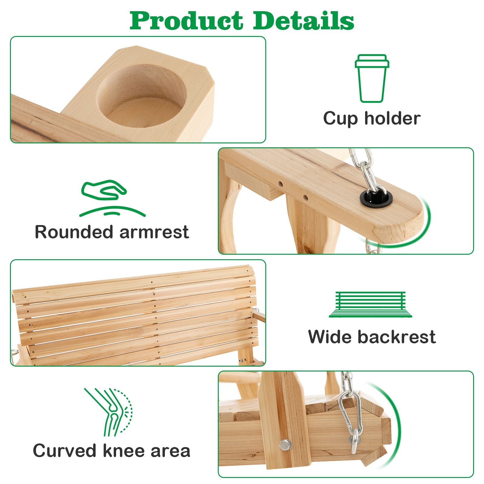 149Cm Wooden Porch Swing with Cup Holders Outdoor Hanging Bench