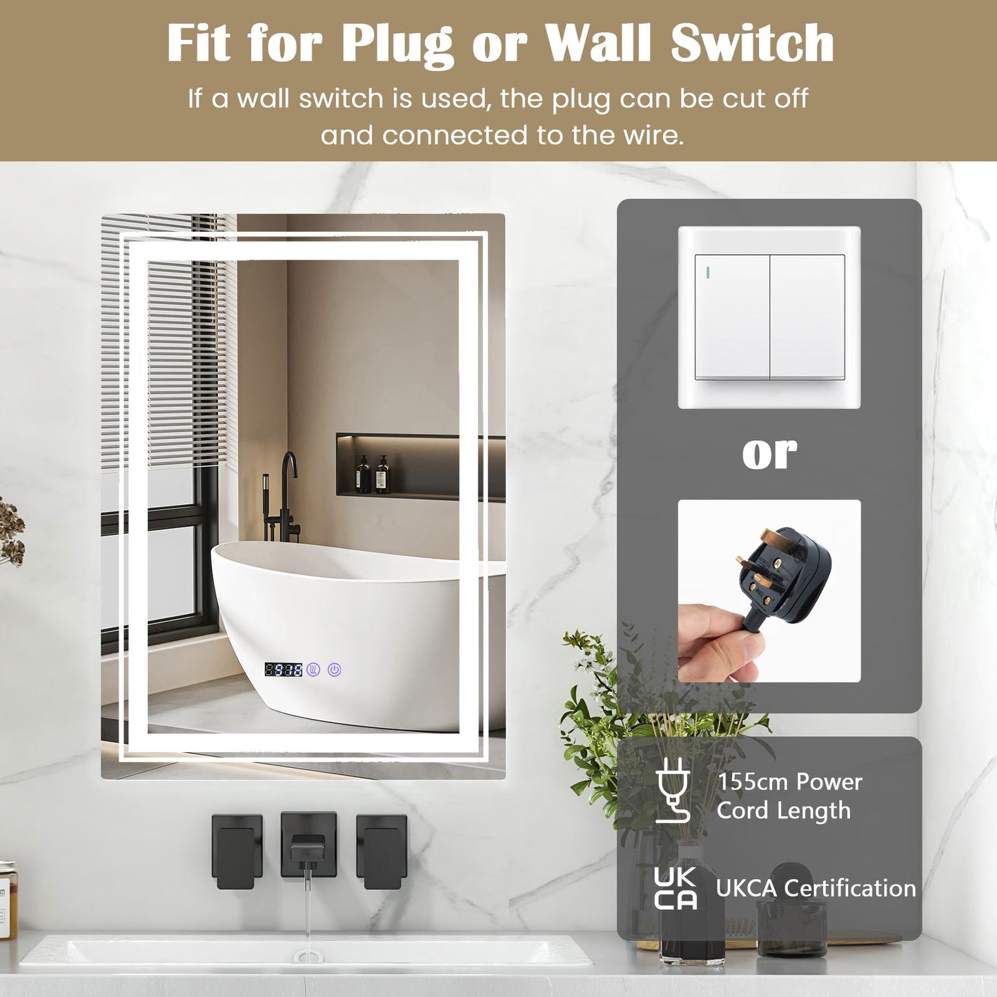 Anti-Fog Bathroom Led Vanity Mirror with 3 Colors 3000-6500K