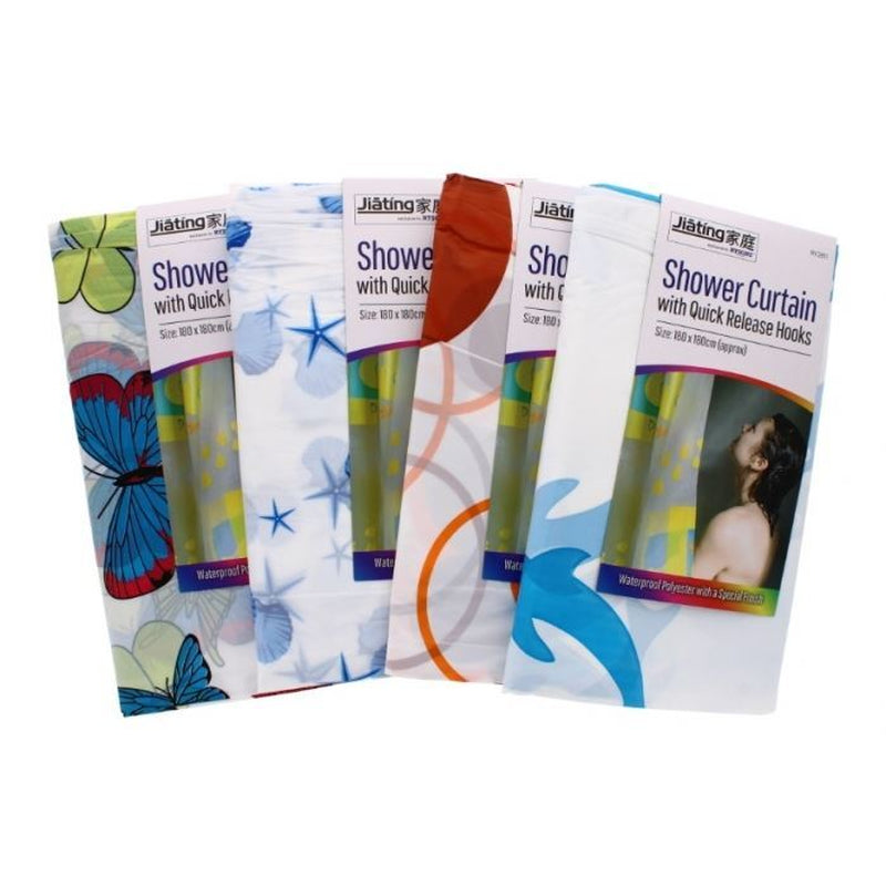 1Pk Assorted Rysons Shower Curtain with Quick Release Hooks 180Cm Fabric Curtain
