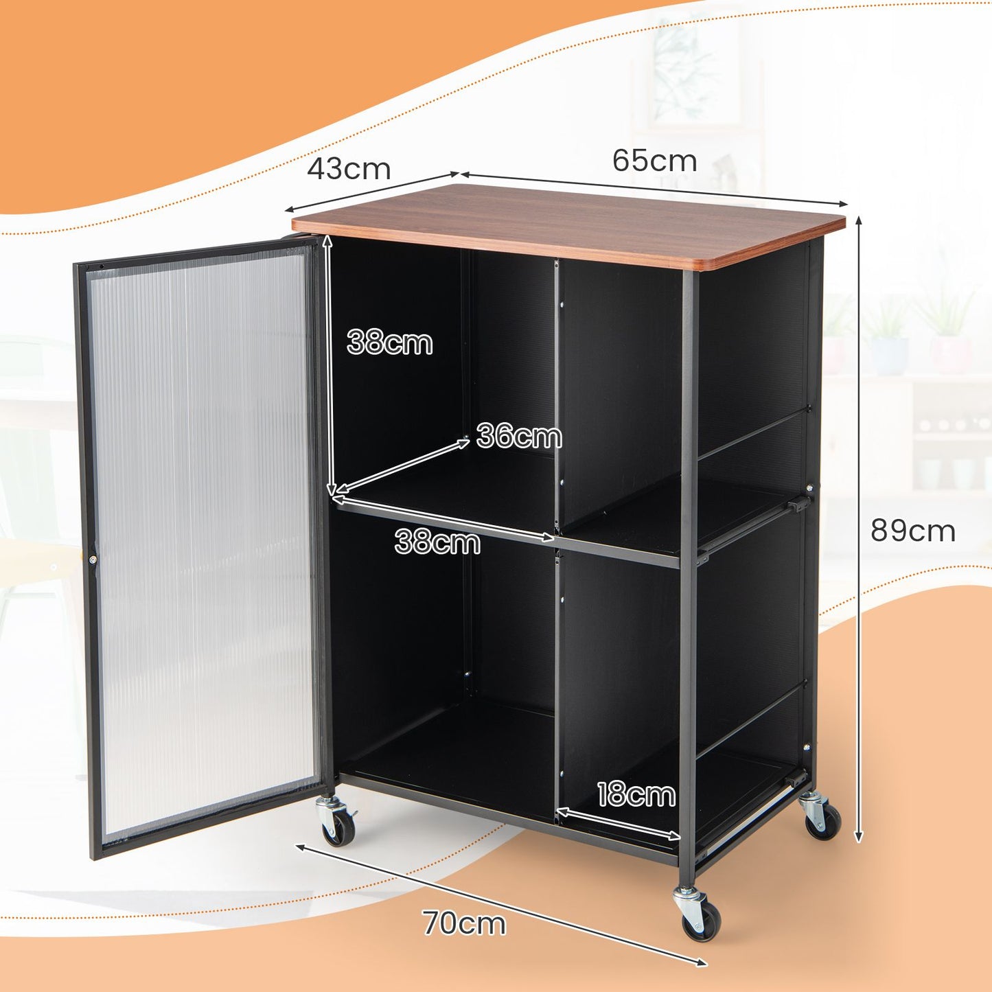 Mobile Serving Cart with Transparent Single Door Cabinet