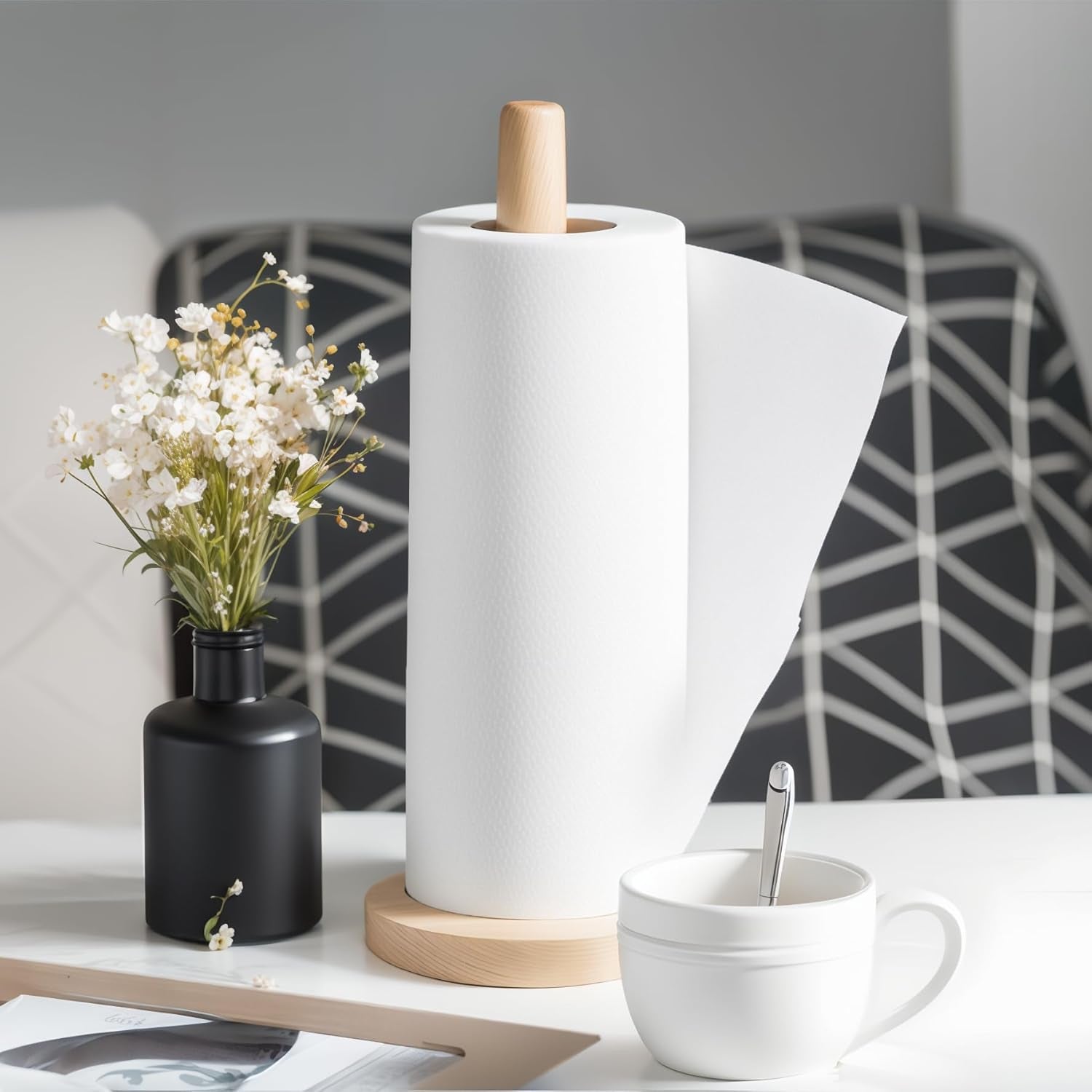 Wooden Paper Towel Holder Countertop - Solid Beechwood Paper Towel Dispenser Stand with Anti-Skid Base