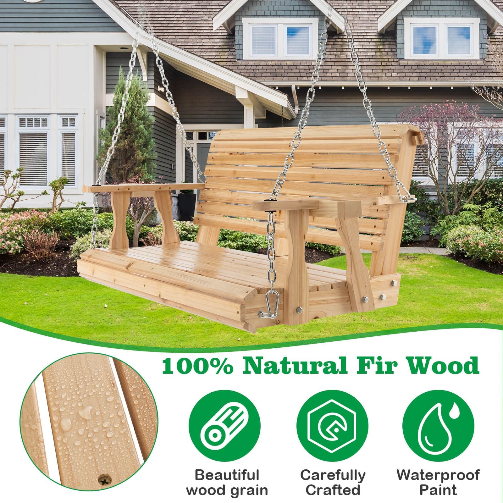 149Cm Wooden Porch Swing with Cup Holders Outdoor Hanging Bench