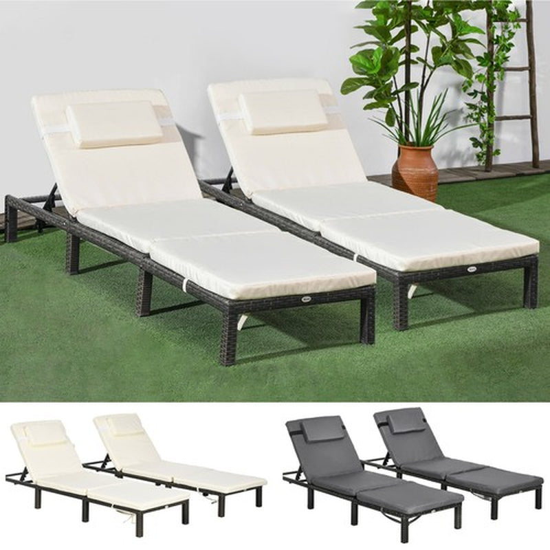 Rattan Sun Loungers Set of 2 W/ 5-Level Adjustable Backrest Headrest