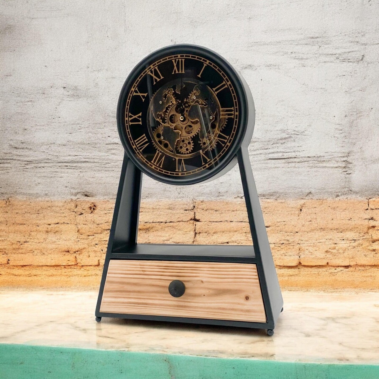 Mantel Gear Clock Moving Gears Drawer Silent Sweep Clock round Black and Gold