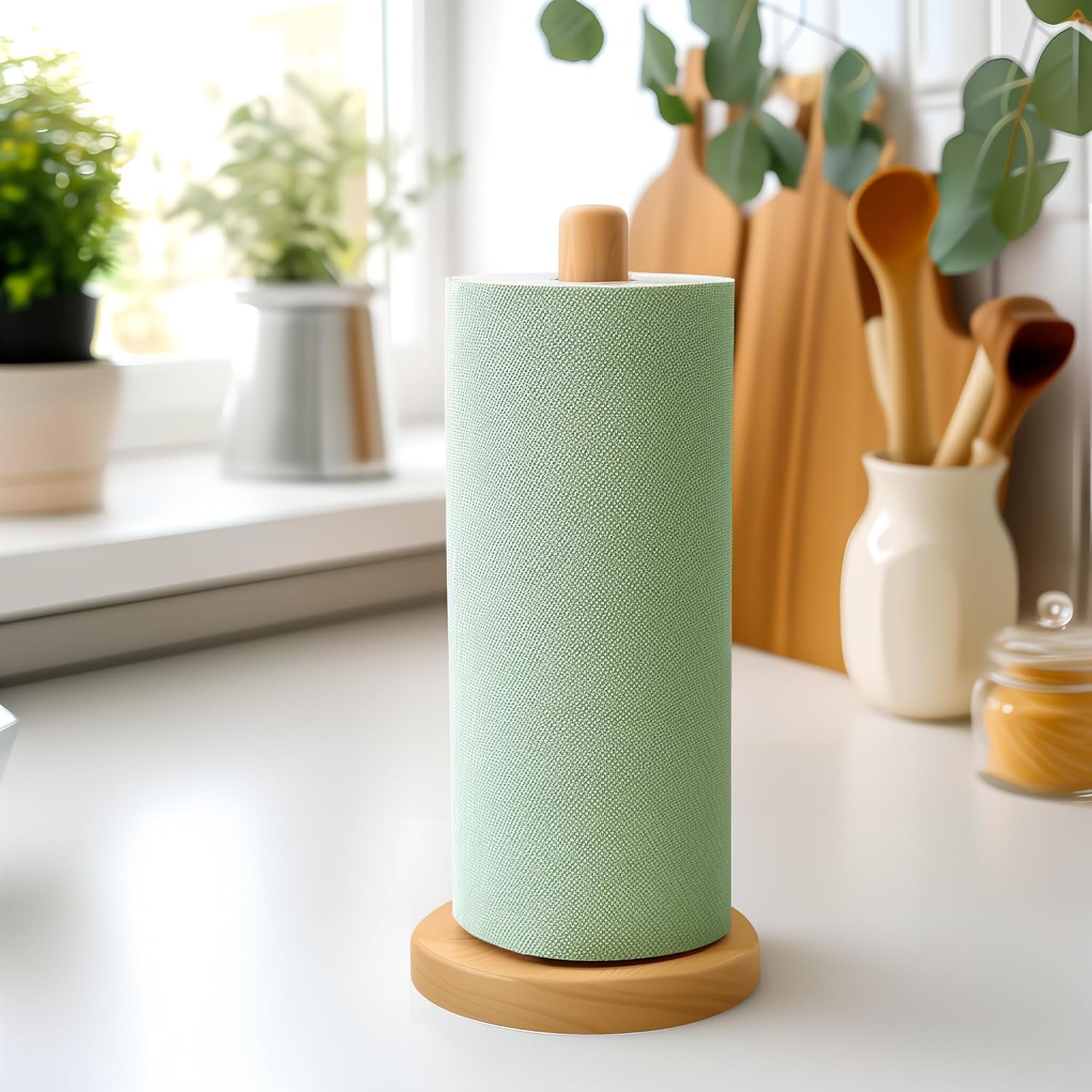 Wooden Paper Towel Holder Countertop - Solid Beechwood Paper Towel Dispenser Stand with Anti-Skid Base