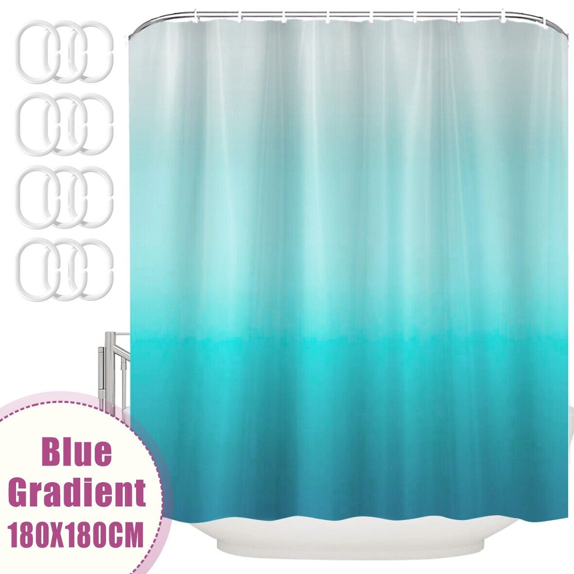 Waterproof Polyester Fabric Bathroom Shower Curtain with Ring Hooks 180 X 180 Cm