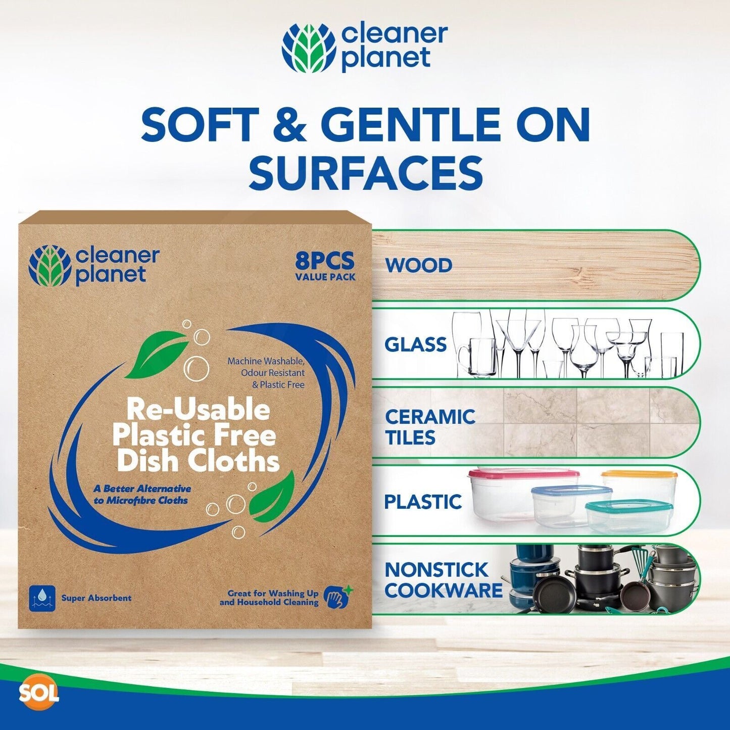 8 Sponge Cloths Absorbent Cellulose Kitchen Dish Cleaning Wipes Multipurpose Pad