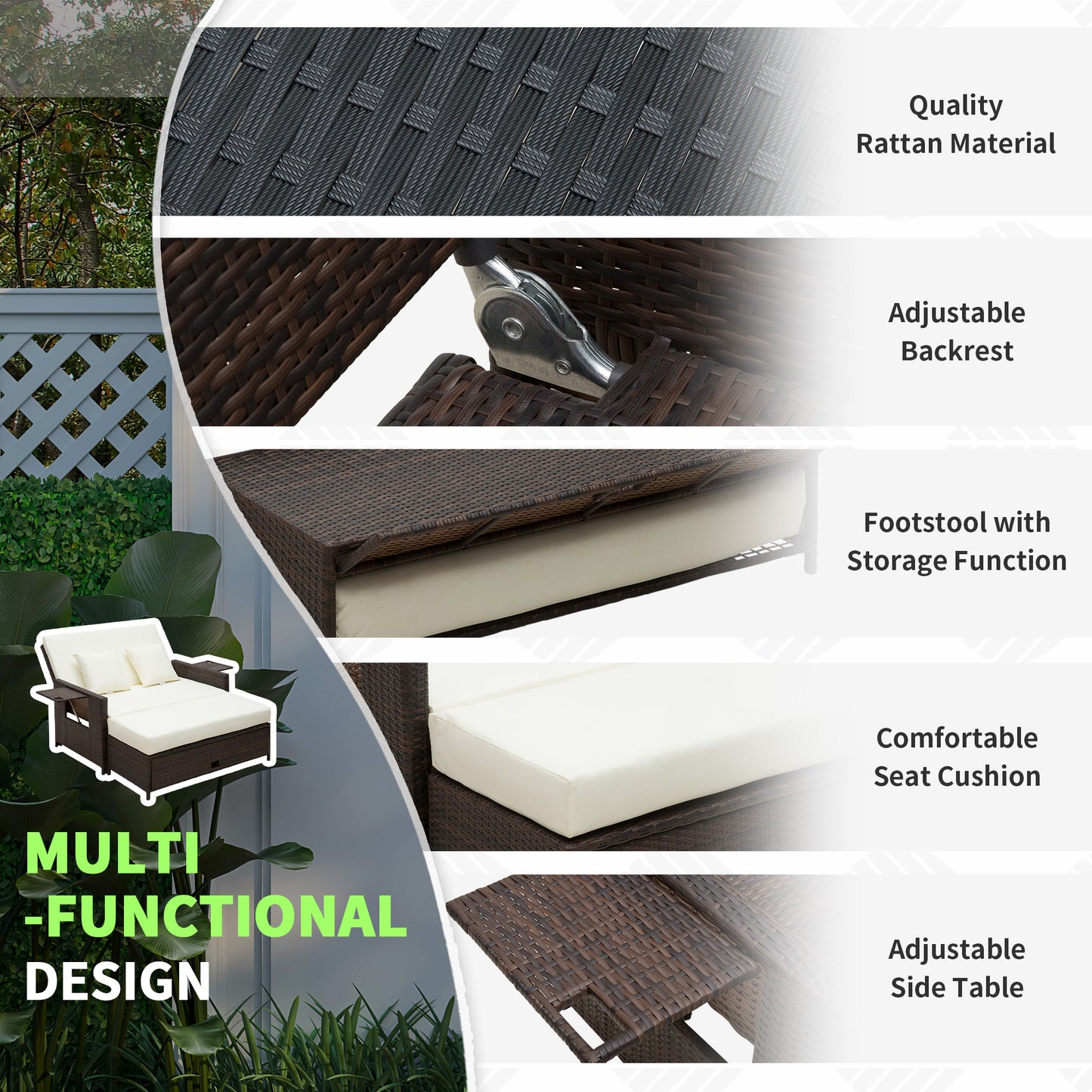 Garden Rattan Furniture Set 2 Seater Patio Sun Lounger Daybed Sunbed