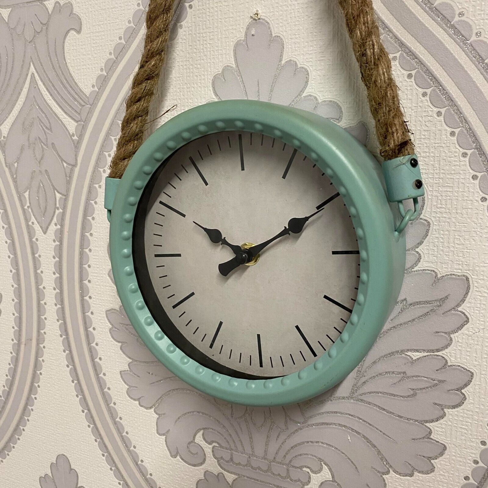 34Cm Rustic Hanging Wall Clock – Pale Green Finish with Rope for Factory Décor