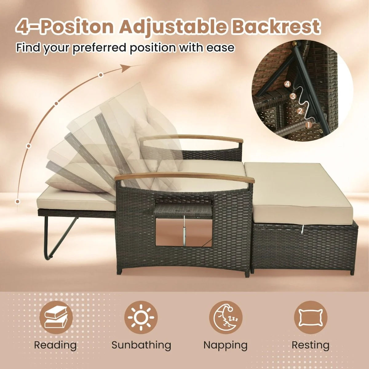 Outdoor Wicker Daybed PE Rattan Loveseat with Folding Panels and Storage Ottoman