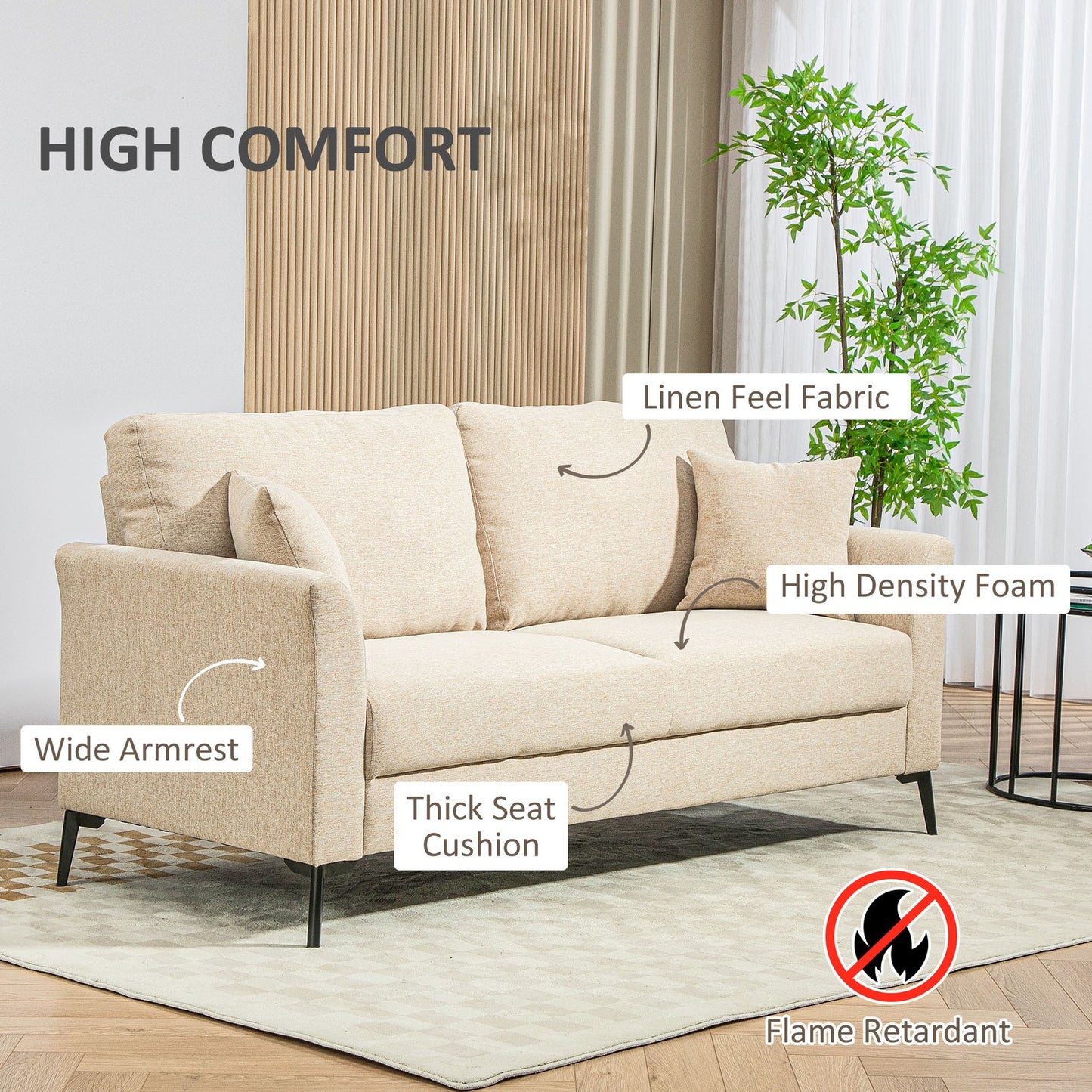 HOMCOM 3 Seater Sofa, Linen Fabric Sofa for Living Room, Beige