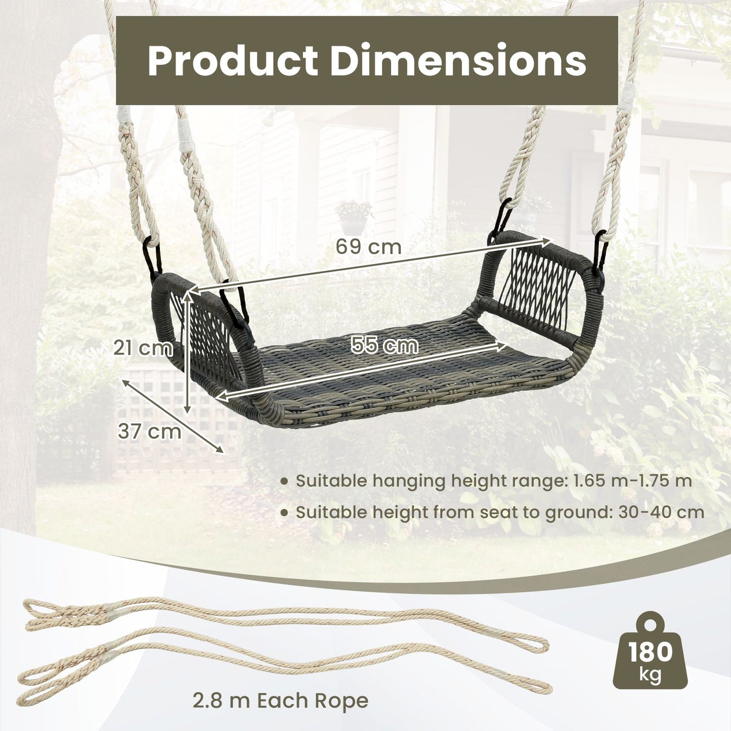 Patio Backless Rattan Swing Bench with Hanging Ropes