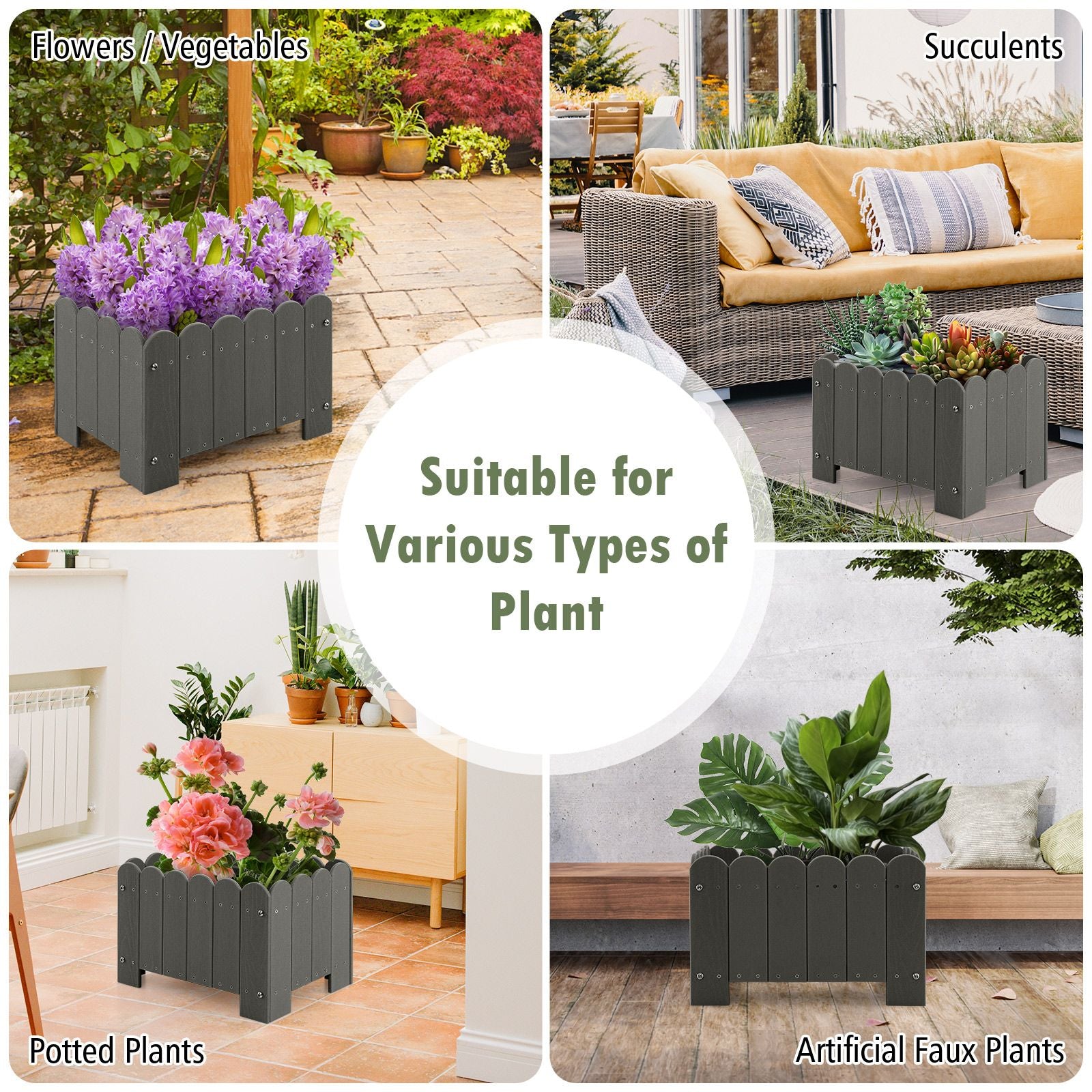 2 Pack Rectangular Planter Box HDPE Flower Pot with Drainage Gaps
