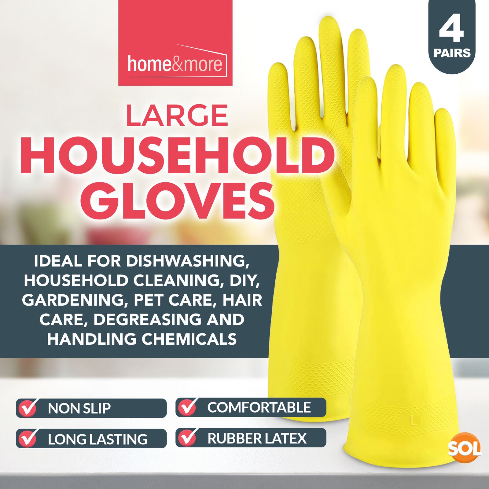 4 Pairs Rubber Gloves Large | Long Sleeve Household Washing up Kitchen Cleaning