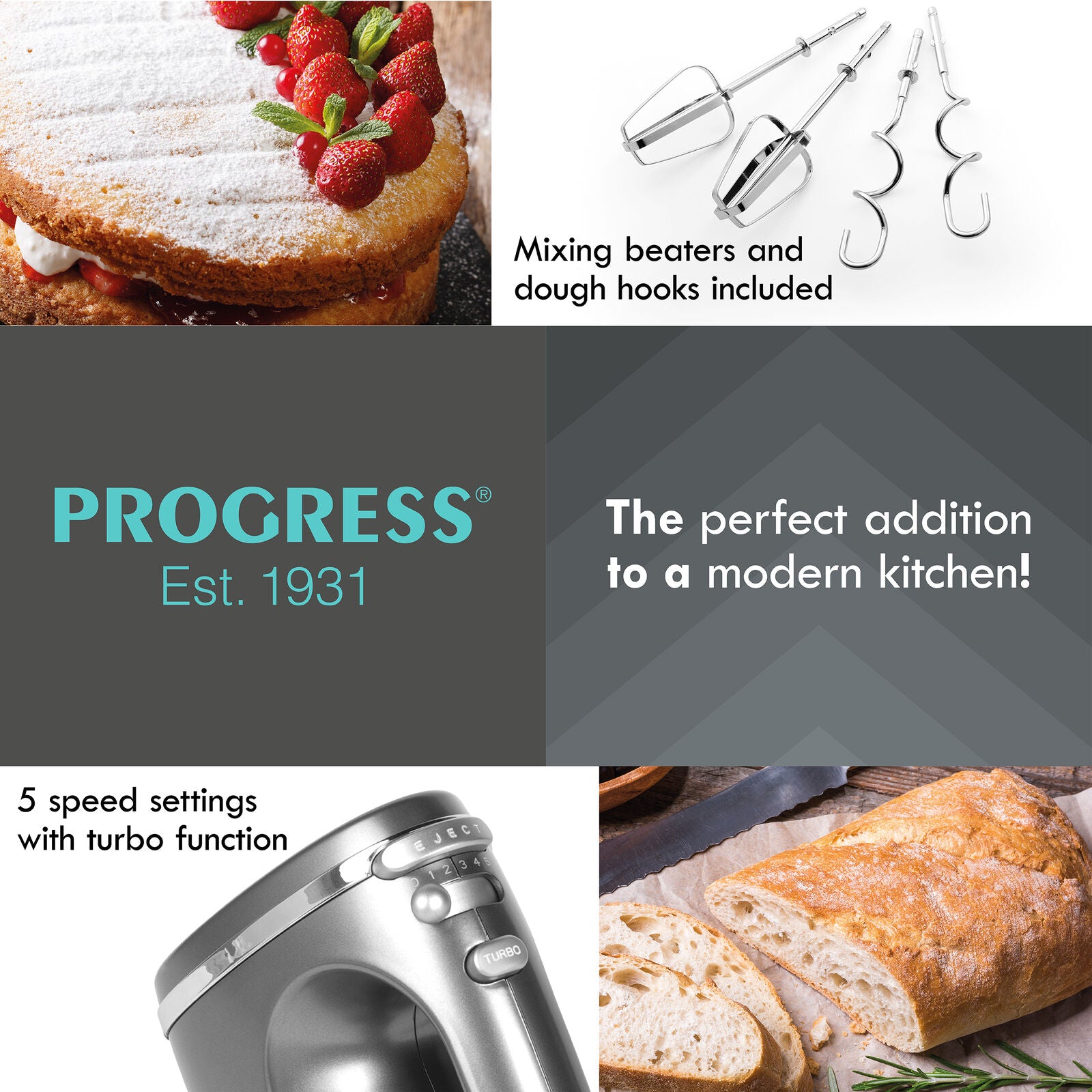 Progress Hand Mixer Electric Whisk & Dough Hooks Lunar 5 Speeds & Turbo 300 W