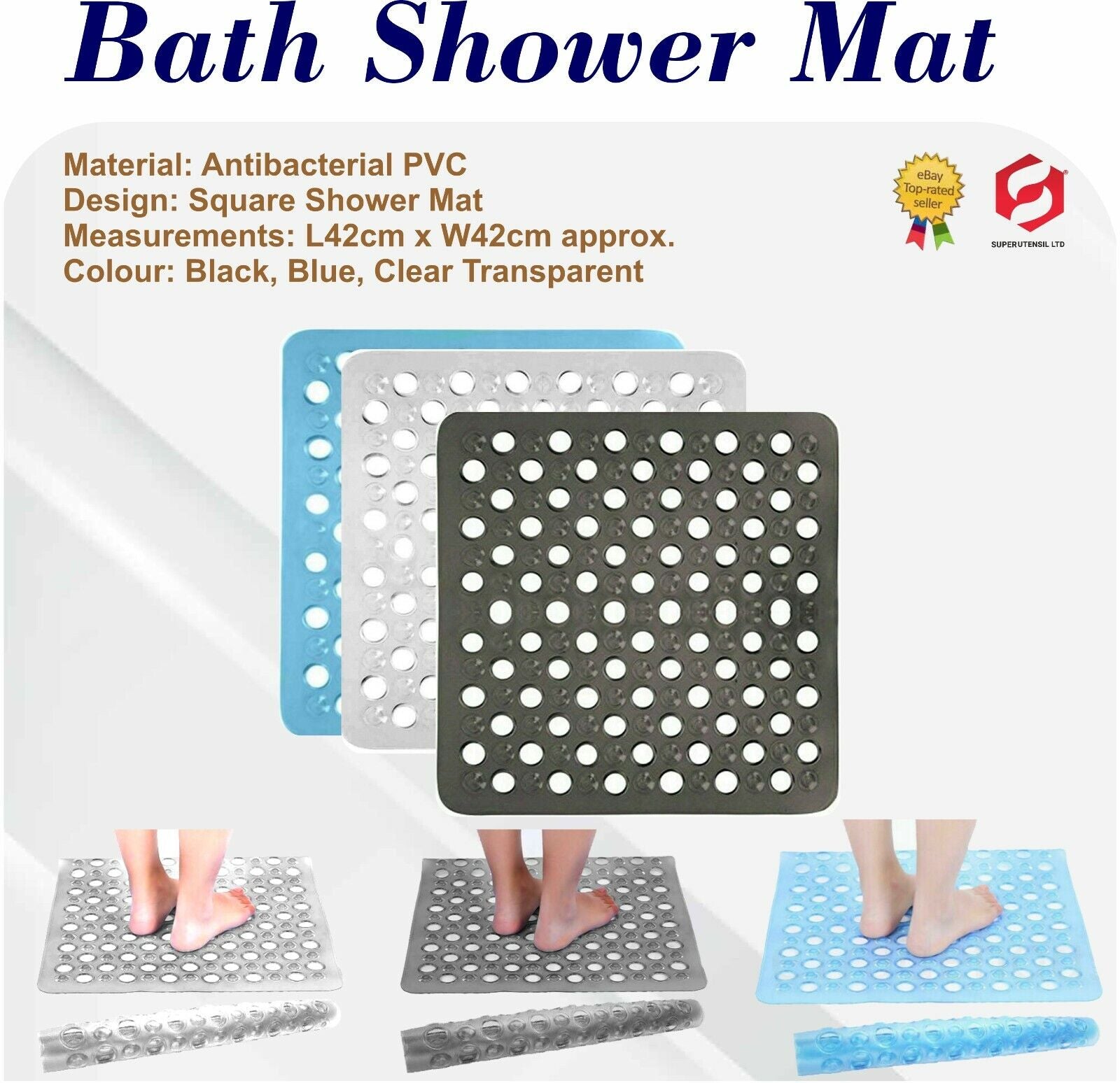 BATH SHOWER MAT NON SLIP PVC BATHROOM RUBBER MATS anti SLIP SUCTION 43 X 43 Cm