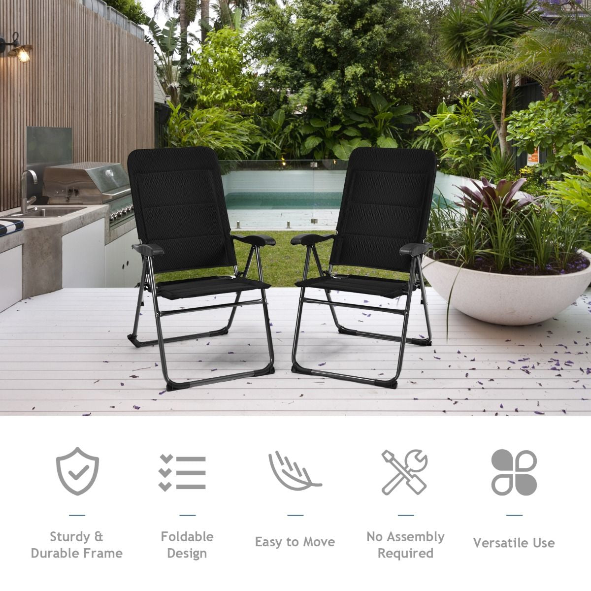 2-Piece Padded Patio Lounger Chair with 7 Adjustable Backrest Positions