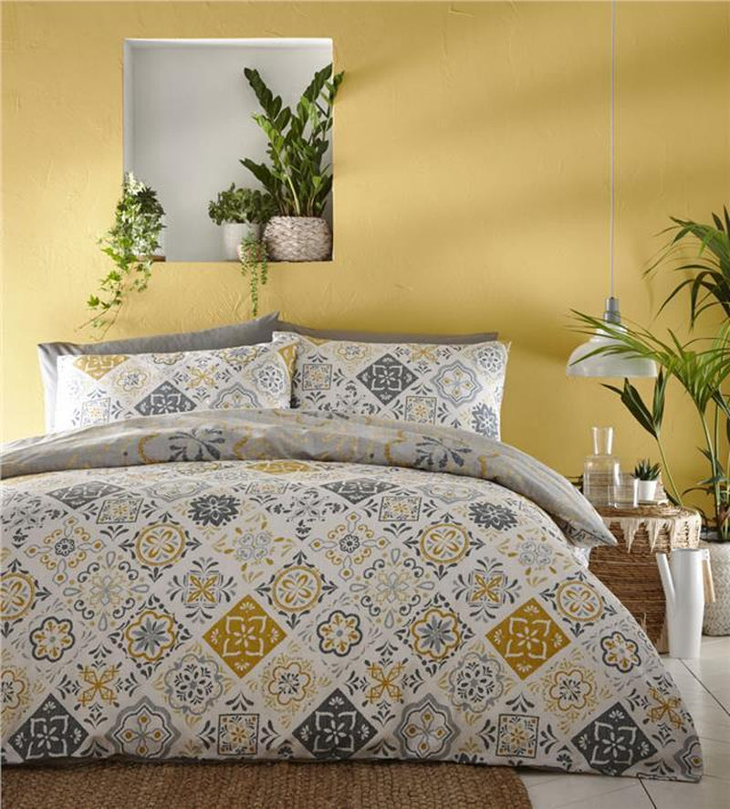 Ethnic Duvet Sets Ochre Yellow & Grey Moroccan Tile Pattern Duvet Cover Bedding