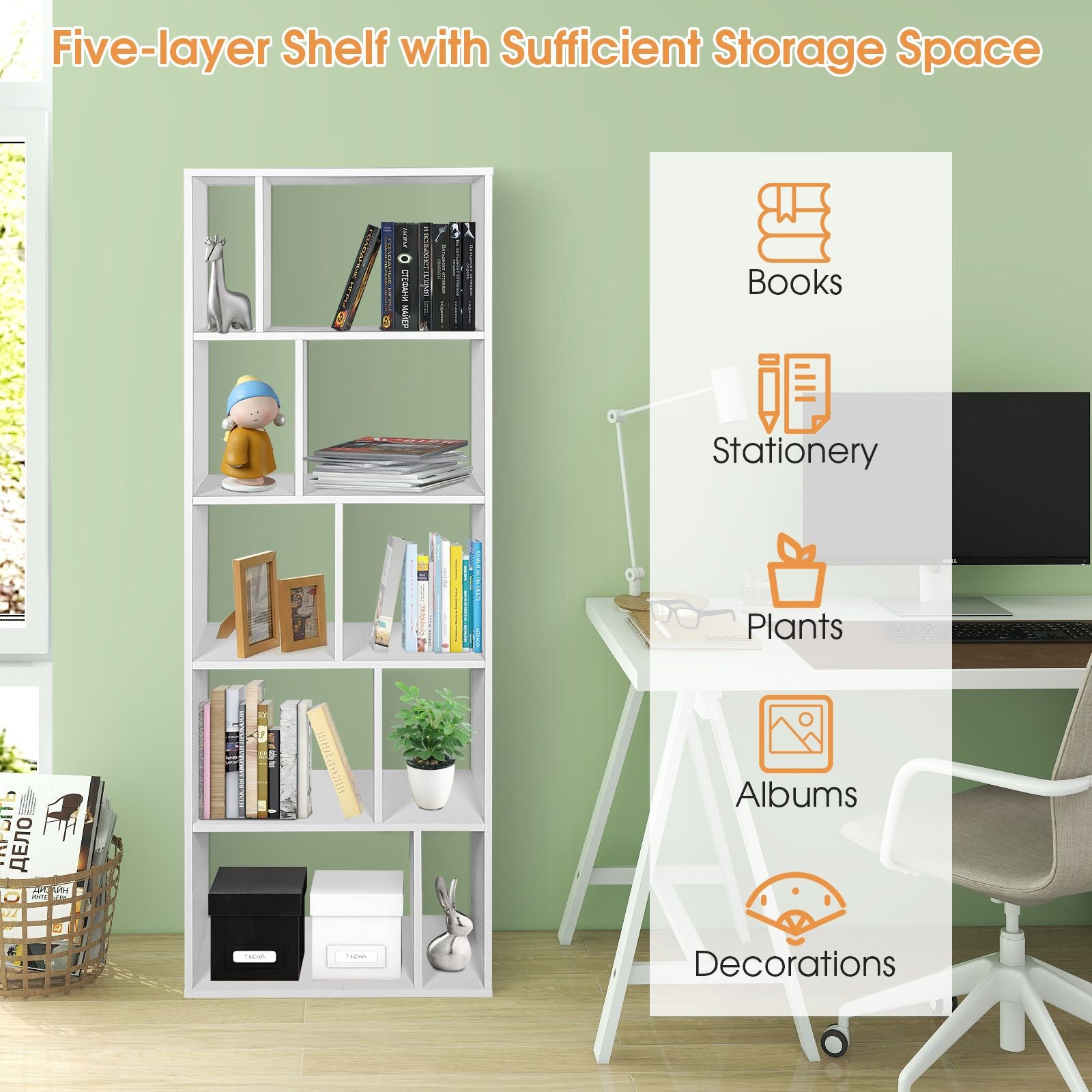 Wood Bookshelf with 10 Compartments Home Study Living Room