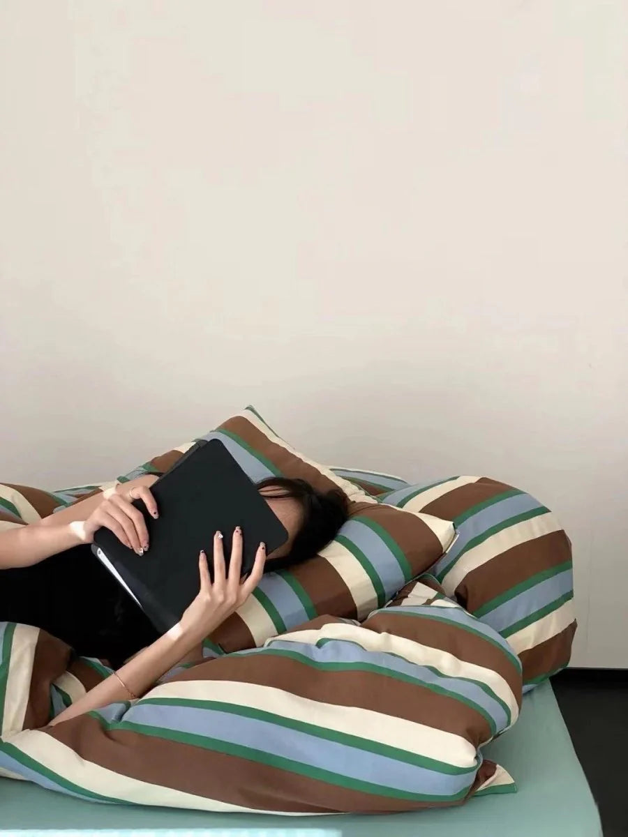 Retro Earthy Tone Stripe Queen Duvet Cover Set with Pillowcases, 100% Cotton