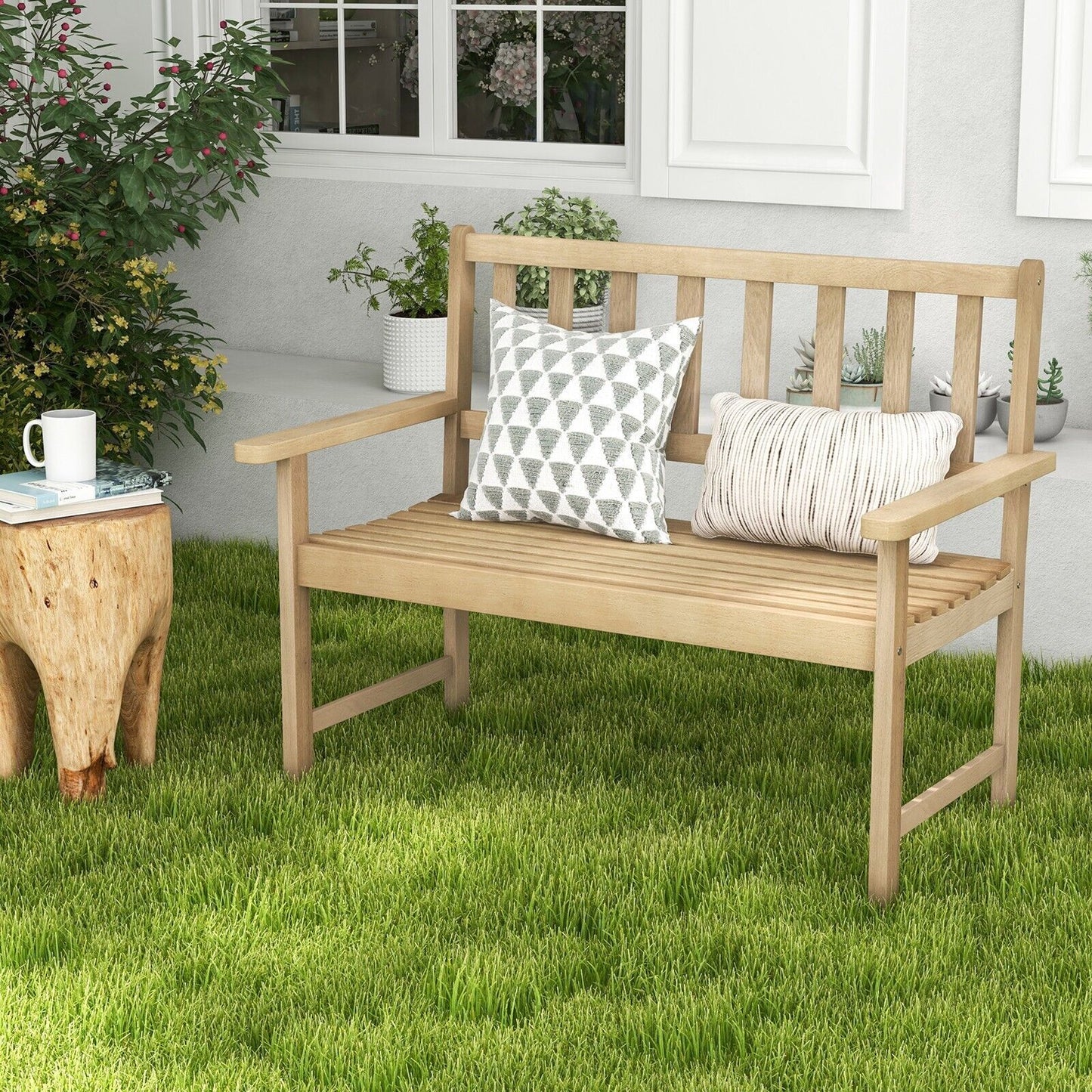 Wood Garden Bench 2-Person Patio Lounger Loveseat Slatted Seat with Backrest