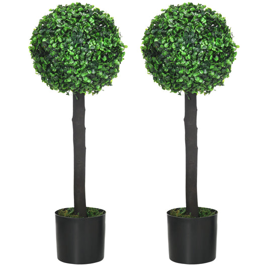 HOMCOM Set of 2 Potted Artificial Plants Boxwood Ball Trees Indoor Outdoor, 60Cm