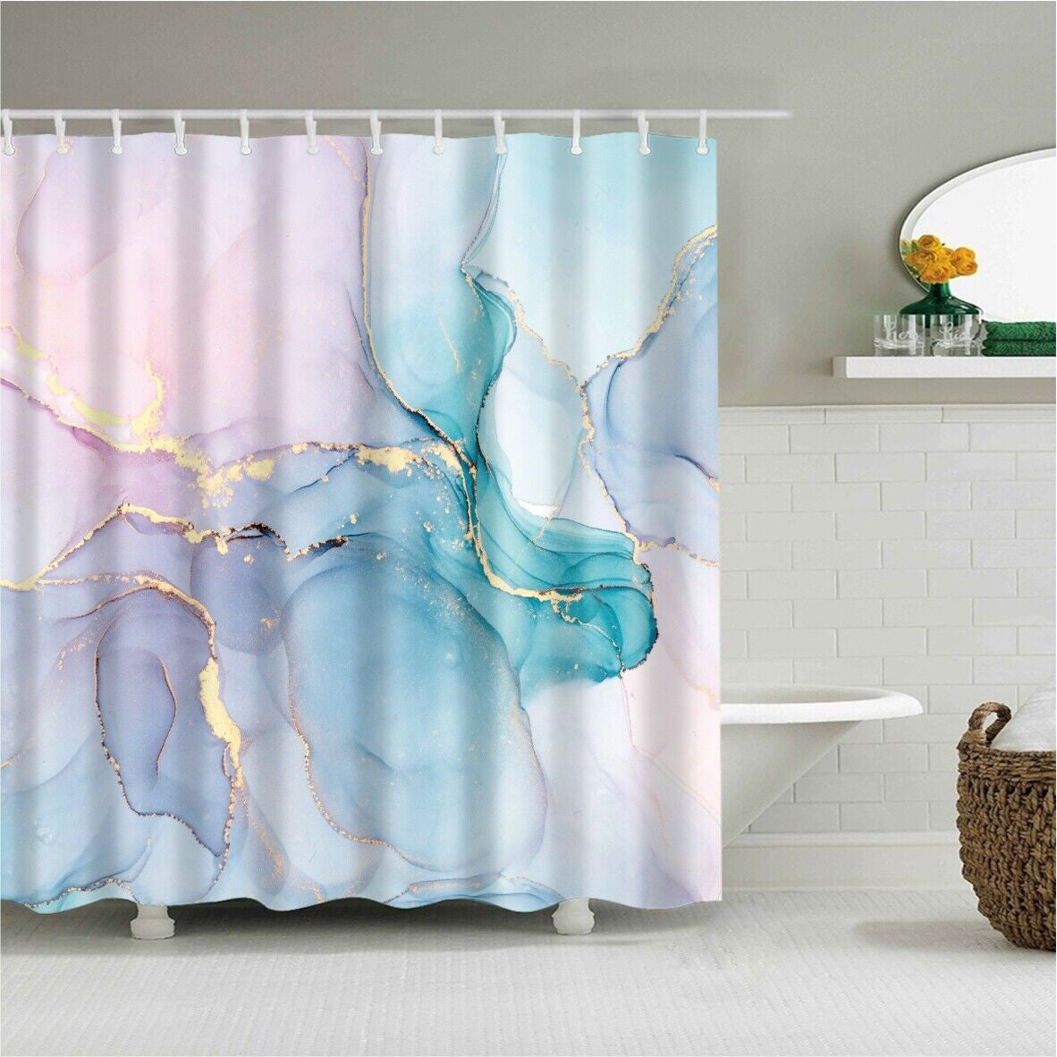 Polyester Shower Curtain 180X180Cm Marble Printed Fabric Waterproof Sheer Panel