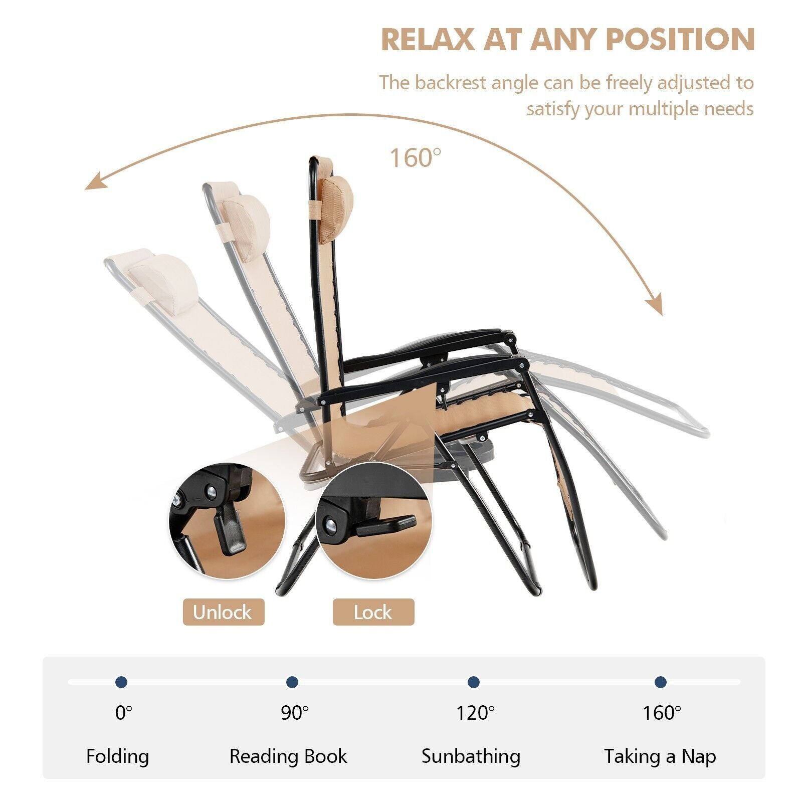 Folding Zero Gravity Chairs Outdoor Patio Recliners with Removable Headrests