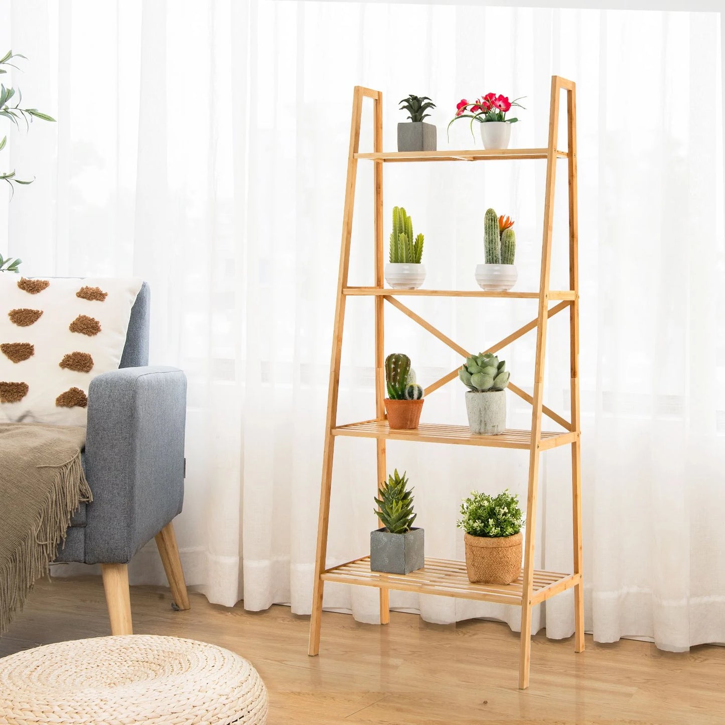 4-Tier Freestanding Bookcase with Anti-Toppling Device for Living Room