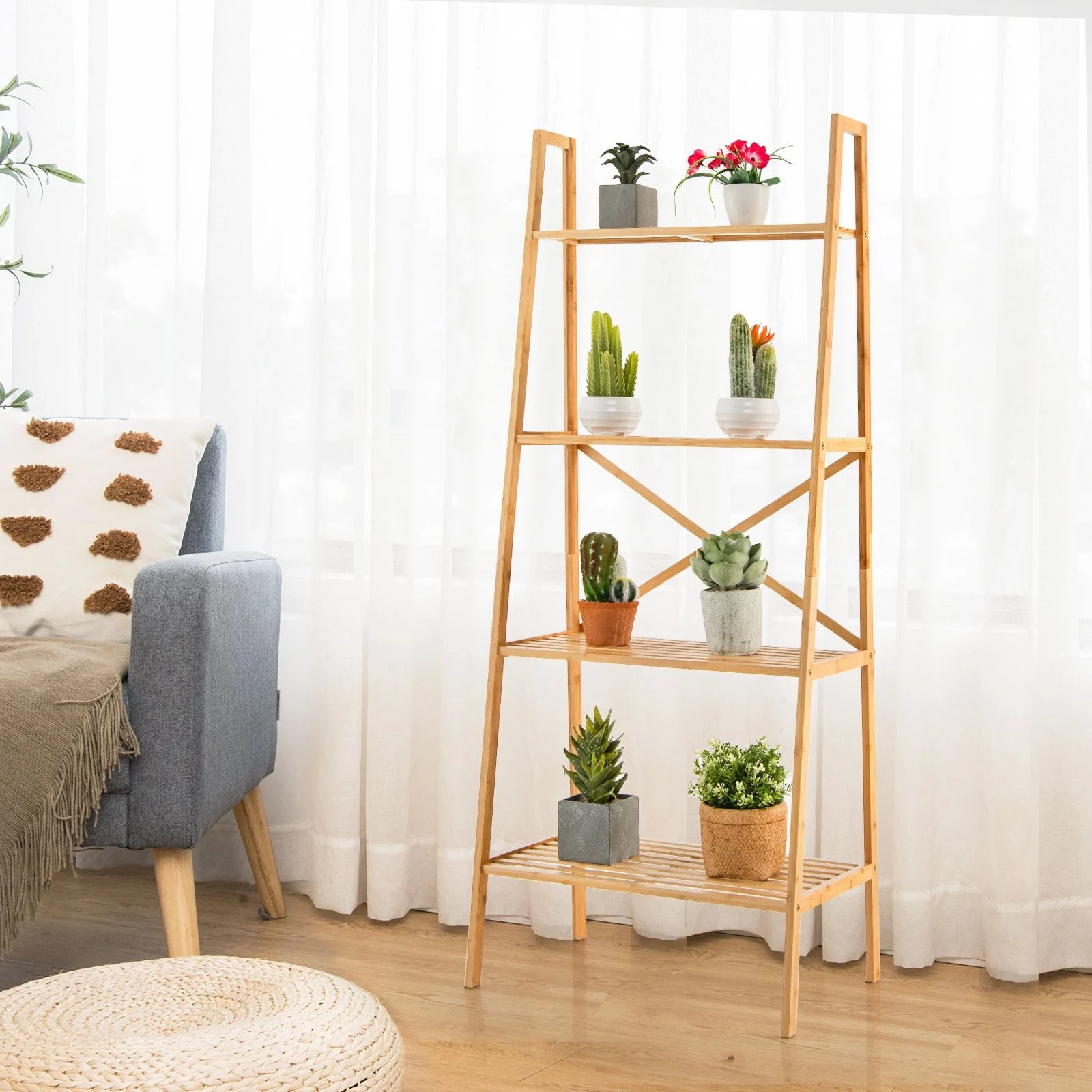 4-Tier Freestanding Bookcase with Anti-Toppling Device for Living Room
