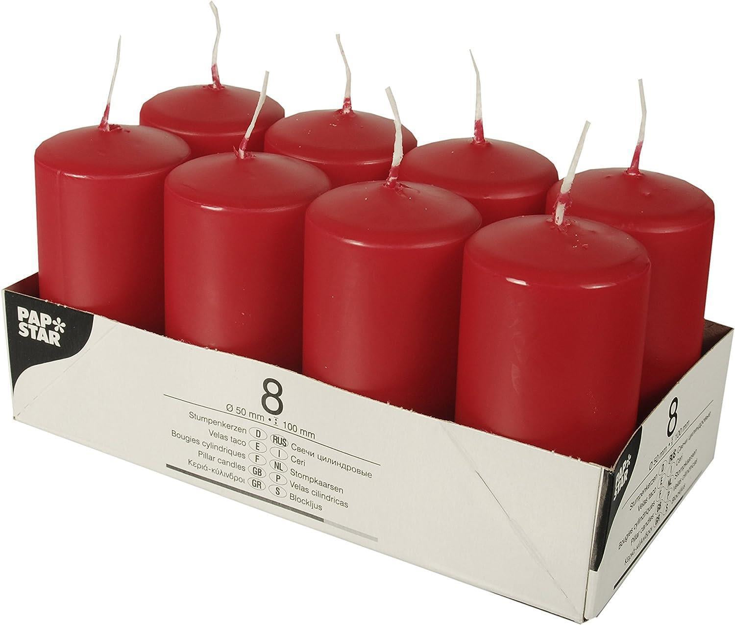 PACK of 8 RED PILLAR CANDLES 50 X 100 MM