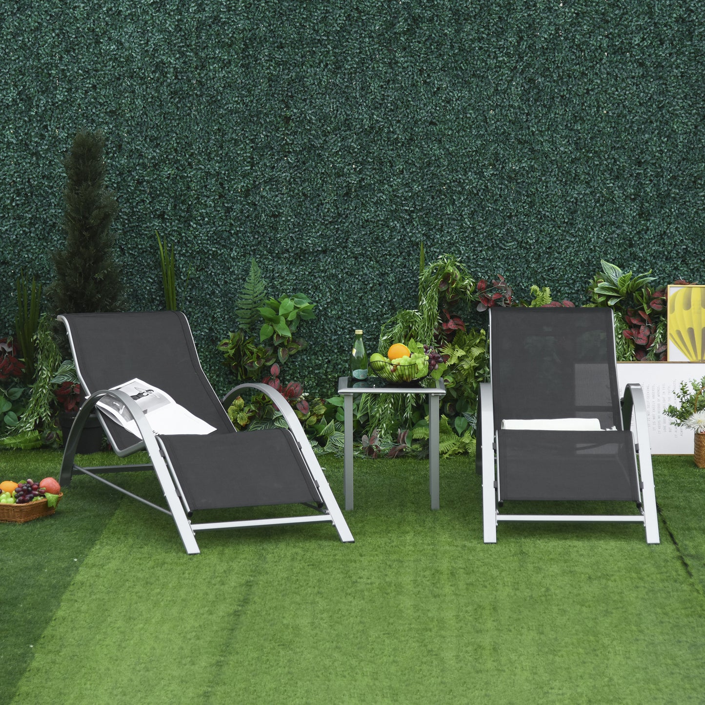 3 Pieces Lounge Chair Set Garden Recliner Chair with Coffee Table for Patio