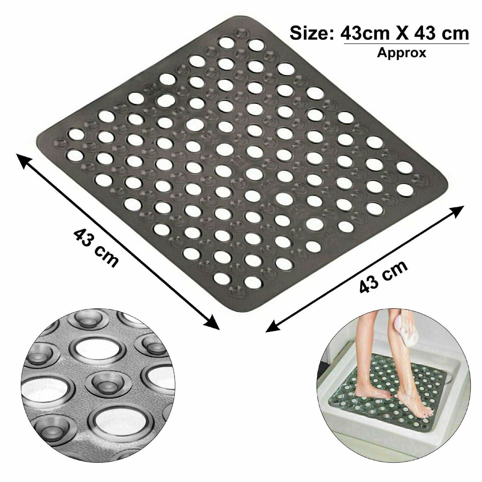 BATH SHOWER MAT NON SLIP PVC BATHROOM RUBBER MATS anti SLIP SUCTION 43 X 43 Cm