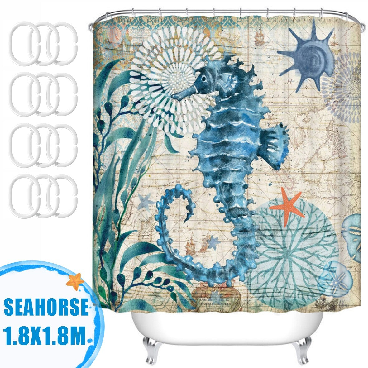 Waterproof Polyester Fabric Bathroom Shower Curtain with Ring Hooks 180 X 180 Cm