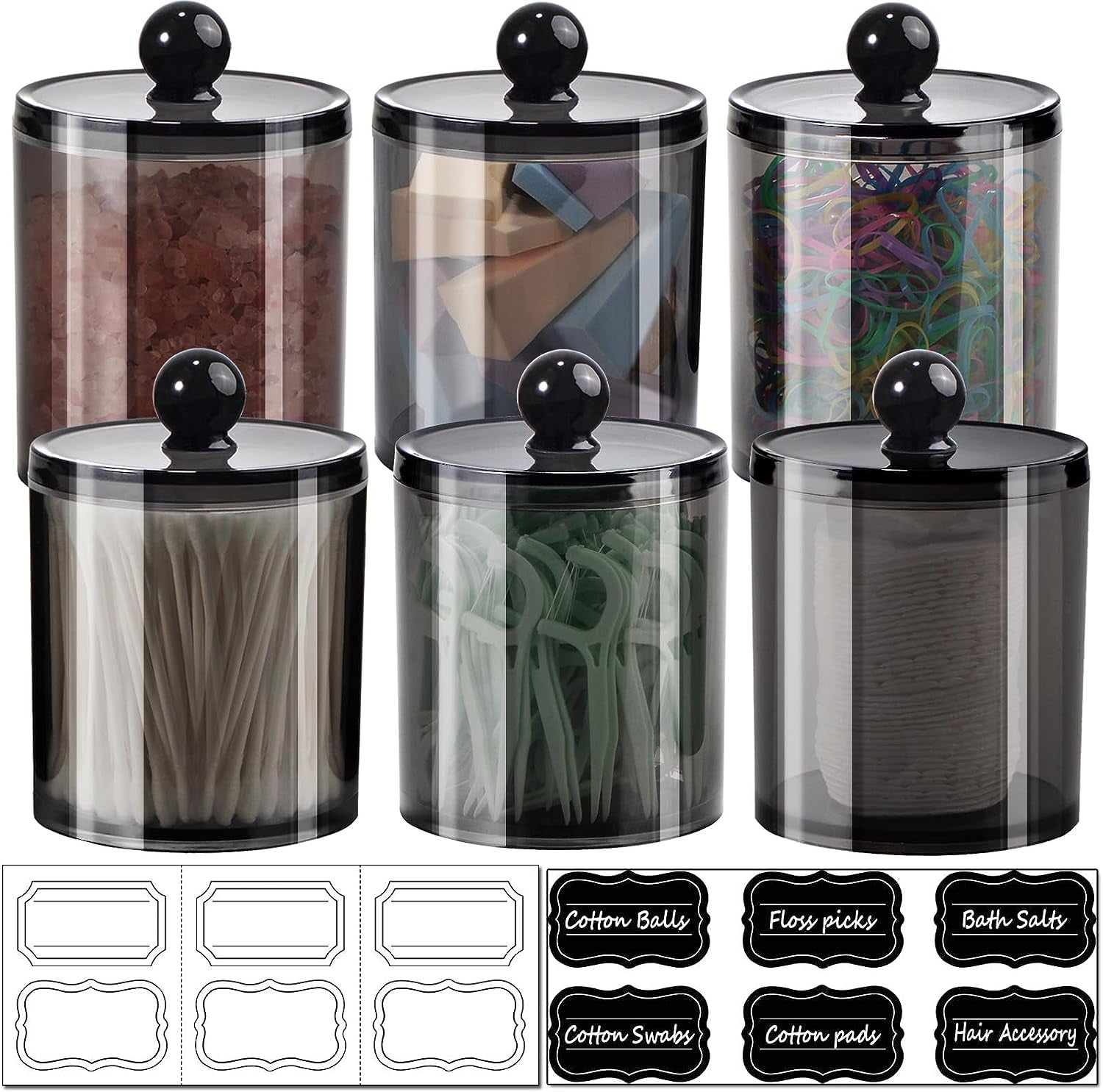 6 Pack Qtip Dispenser Apothecary Jars Bathroom with Labels - Qtip Holder Storage Canister Clear Plastic Acrylic Jar for Cotton Ball,Cotton Swab,Cotton Rounds,Floss Picks, Hair Clips (Black)