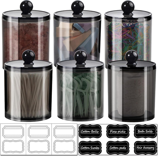 6 Pack Qtip Dispenser Apothecary Jars Bathroom with Labels - Qtip Holder Storage Canister Clear Plastic Acrylic Jar for Cotton Ball,Cotton Swab,Cotton Rounds,Floss Picks, Hair Clips (Black)