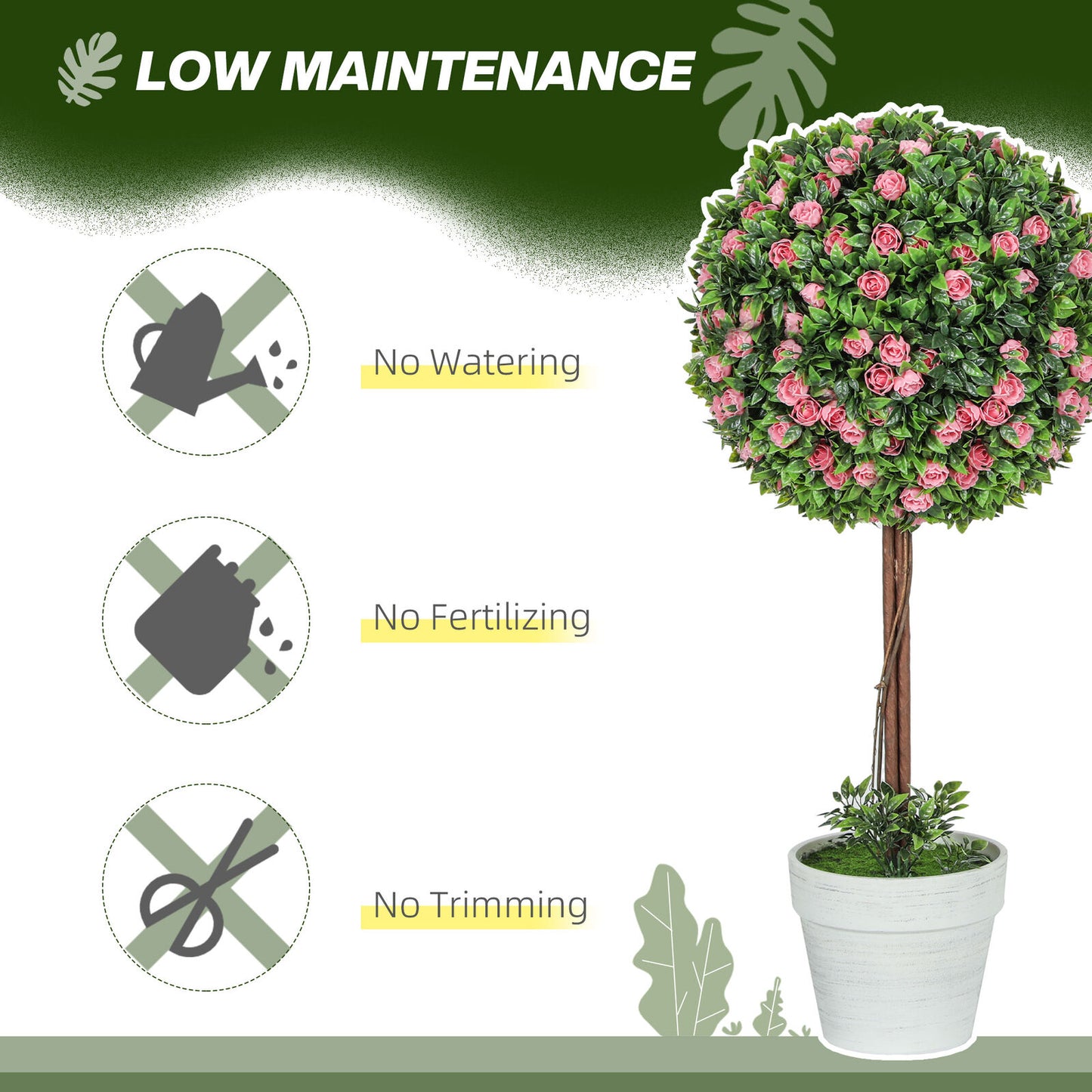 HOMCOM Set of 2 Artificial Plants with Rose Flower in Pot, 60Cm, Pink