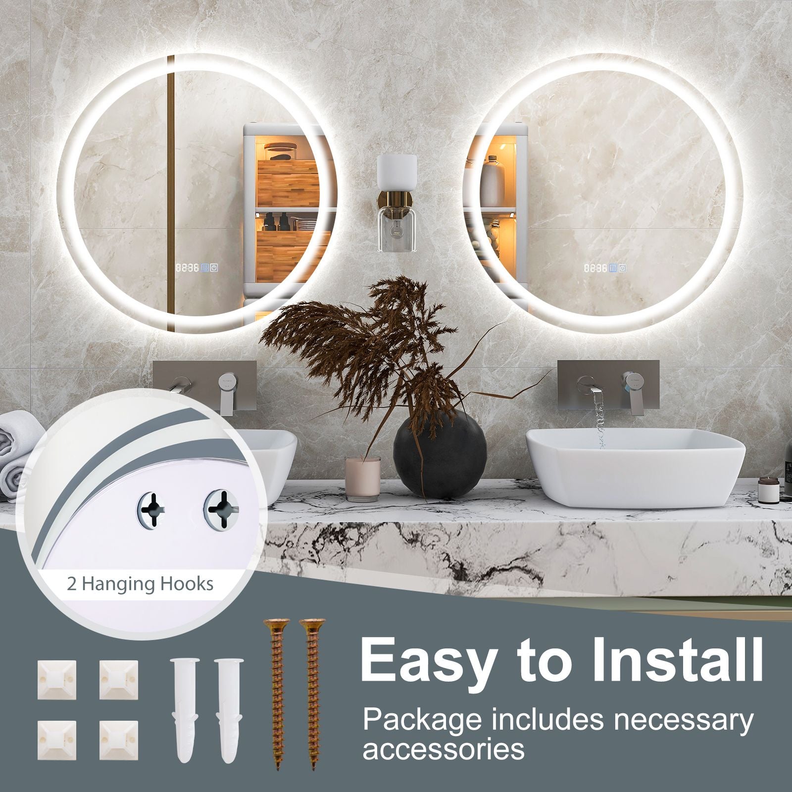 LED Bathroom Mirror with 3-Color Dimmable Lights, Time and Temp Display
