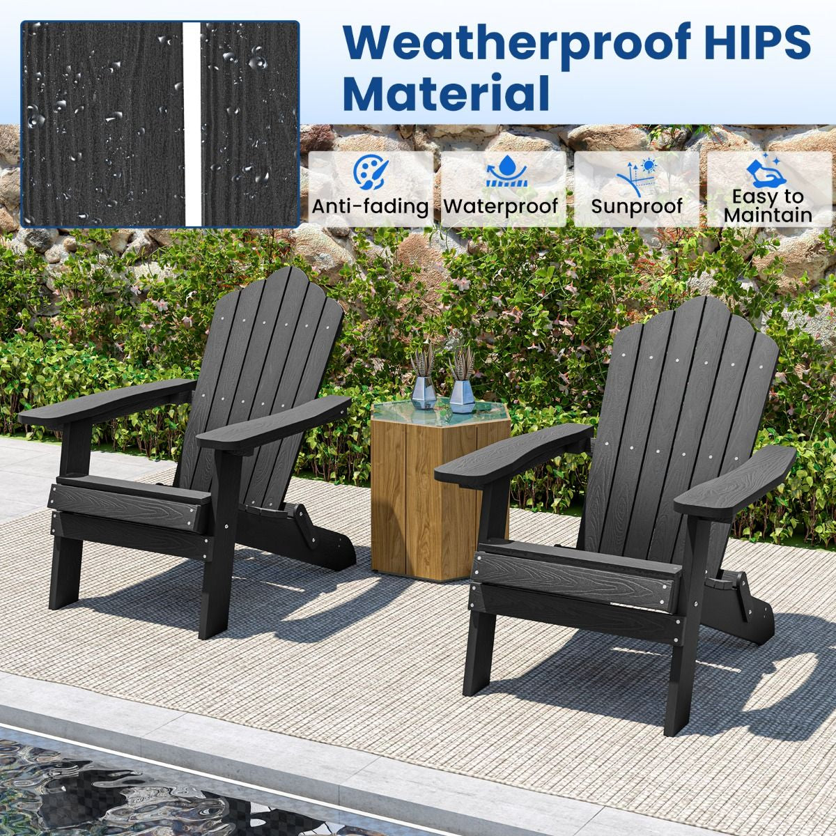 Folding Adirondack Chair with Wide Armrests and Inclined Backrest